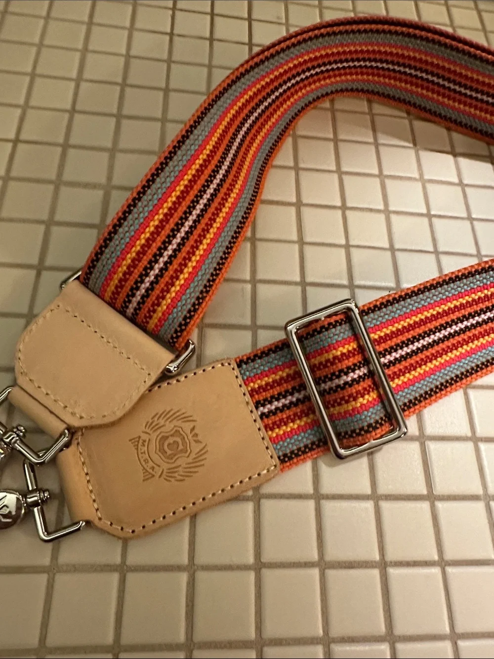Adjustable Orange Striped Webbing Bag Strap with Leather Accents guitar strap